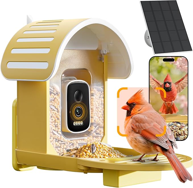 Smart Bird Feeder with Camera, 2.5K UHD Bird Feeder Camera Solar Powerd, Sensitive AI Identification, Instant Alerts Capture Video, IP66 Waterproof for Outdoor, Ideal Gift for Mom, Yellow