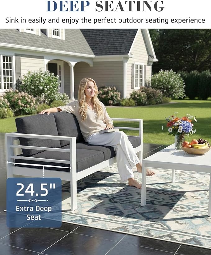 AECOJOY Aluminum Patio Furniture Armchair with Ottoman, Set of 2, Modern Outdoor Furniture with Washable 5 inch Thick Cushion, Dark Gray Cushion