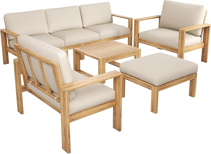 Christopher Knight Home Kayahs 5 Pieces Acacia Wood Furniture Set, Patio Conversation Sofa Chat Set with Coffee Table and Ottoman, Outdoor Sectional Sofa Set for Backyard Balcony, Teak Finish+Beige