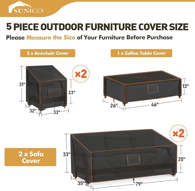 SUNICO Outdoor Cover for Patio Furniture, 5 Piece Patio Set Cover Waterproof, 420D Covers for Outdoor Furniture, UV Fade Protection, Tear-Resistant, Black