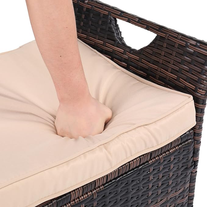 33 Gallon Outdoor Wicker Storage Bench with Cushion, Rattan Storage Box, 2-in-1 Large Capacity Rectangle Garden Storage Box Wicker Deck Box with Handles＆Seat for Backyard, Balcony, Poolside (Brown)