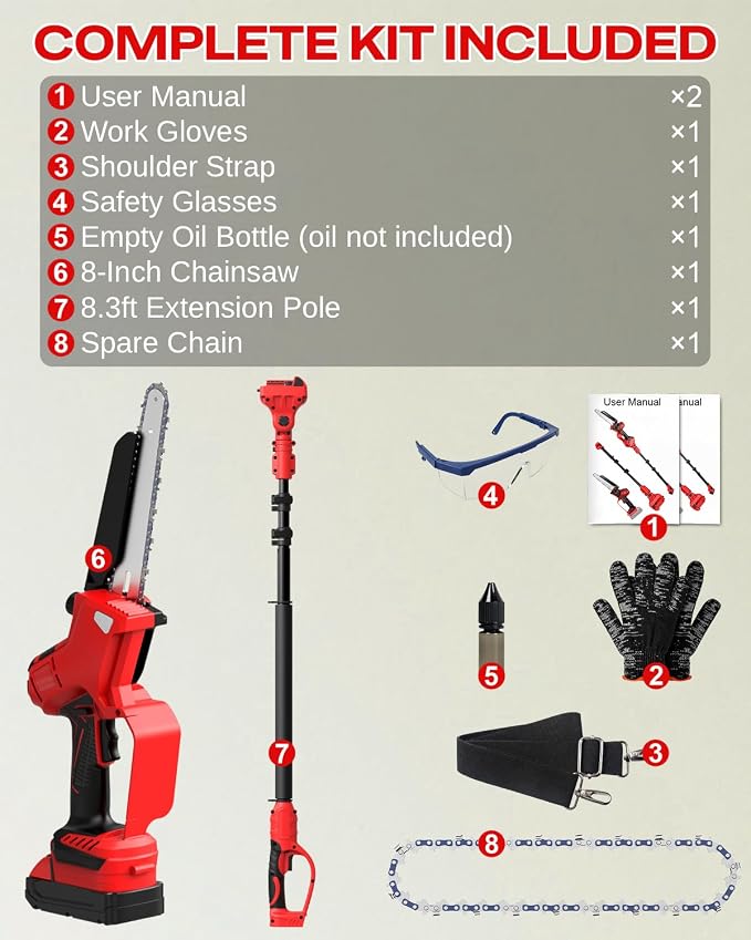 Cordless 8 Inch 2-IN-1 Pole Saw and Chainsaw Compatible with Milwaukee 18V Battery, Electric Pole Saws with Brushless Motor– Extends to 15.9 ft for Tree Trimming & Pruning (Tool Only, No Battery)