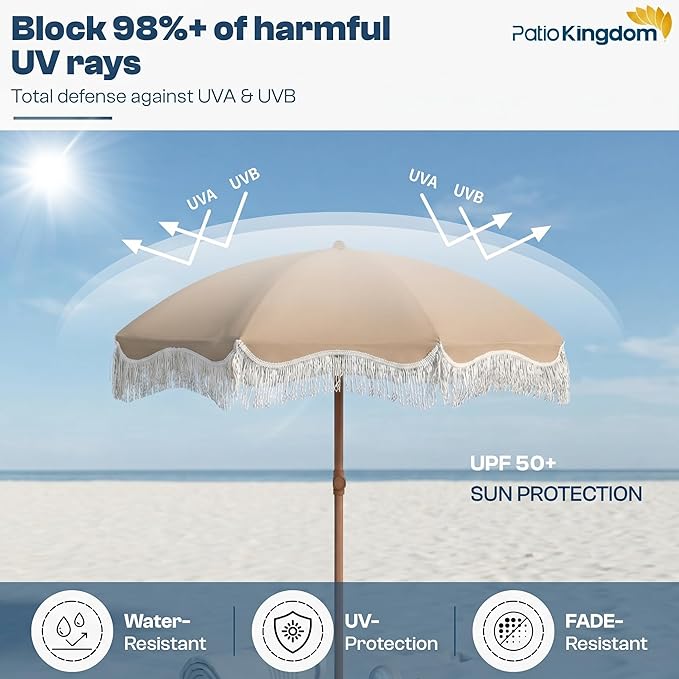 7ft Patio Umbrella with Fringe, Boho Beach Umbrellas, Outdoor Tassels Umbrellas with Push Button Tilt & Carrying Bag, 8 Windproof Fiberglass Ribs, UPF50+