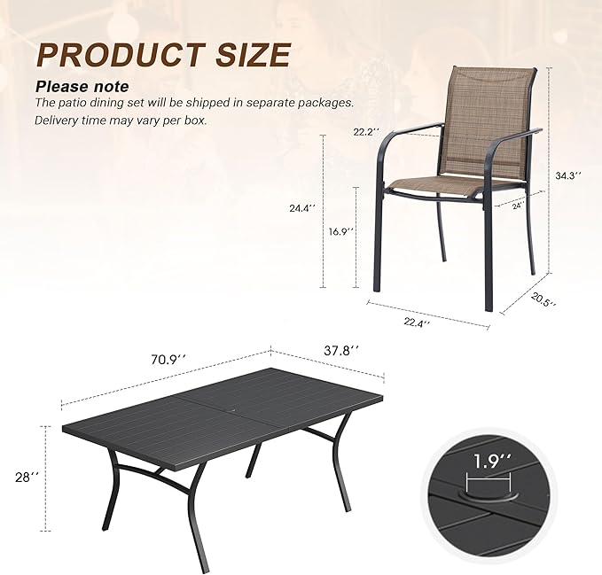 VICLLAX 9 Pieces Patio Outdoor Dining Set, 70" Outdoor Rectangular Metal Dining Table with Umbrella Hole and 8 Stackable Textilene Chairs for Lawn, Garden, Porch, Black/Brown