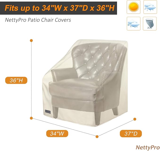 NettyPro Patio Chair Covers for Outdoor Furniture 2 Pack, Waterproof Heavy Duty Lawn Patio Furniture Cover Deep Seat Dining Chair Covers High Back, 34W x 37D x 36H inches, Beige