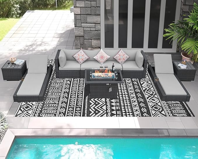 NICESOUL 9 Piece Outdoor Patio Furniture Set with Fire Pit, Modern Backyard Sectional with Loungers, Comfortable 29.3'' High-Back Outside Seating Sofa, All-Weather Wicker Couch for Garden, Light Grey