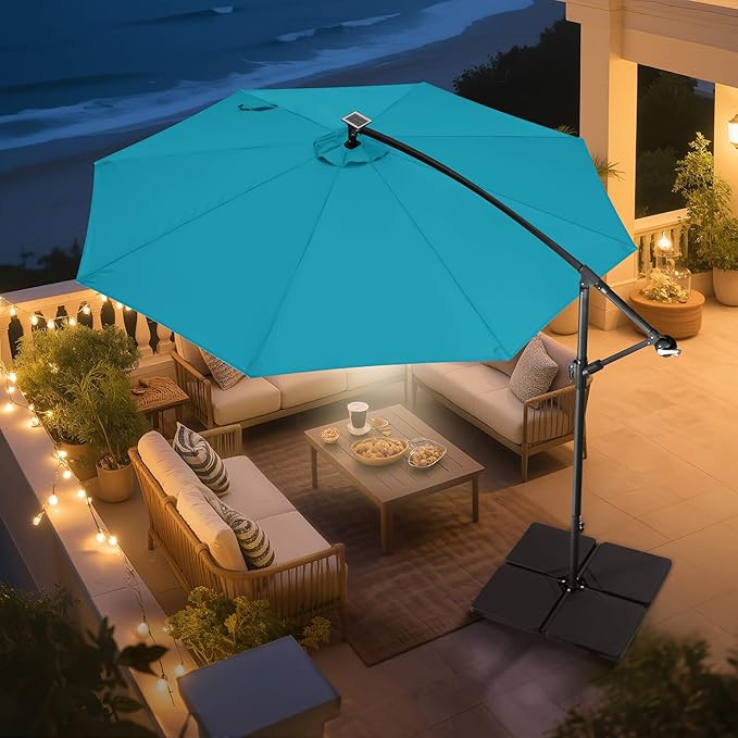 Solar Offset Patio Umbrella - 10 FT Solar Cantilever Umbrella Outdoor with 40 LED Lights and Cross Base, UV Protection for Garden, Deck, Backyard, Pool, Porch, Aqua Blue