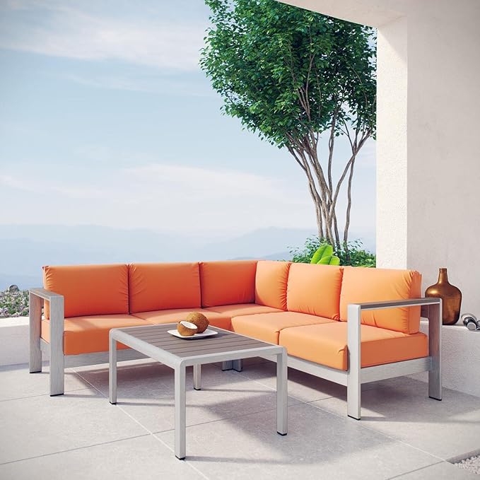 Modway Shore 4-Piece Aluminum Outdoor Patio Sectional Sofa Set in Silver Orange