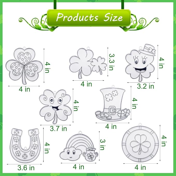AUEKIV St. Patrick's Day Shamrock Suncatchers Ornaments DIY Window Paint Art Craft Kit 32pcs Irish Lucky Shamrock Four-Leaf Clover Rainbow Sun Catchers Decorations for Party Favors Activities Gift