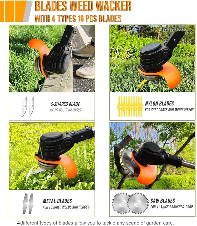 Weed Wacker - Cordless electric weed trimmer.cordless weedwacker weed trimmer and a Weedwacker.Cordless grass cutter.With four types of blades and two replaceable batteries.Yard maintenance must haves