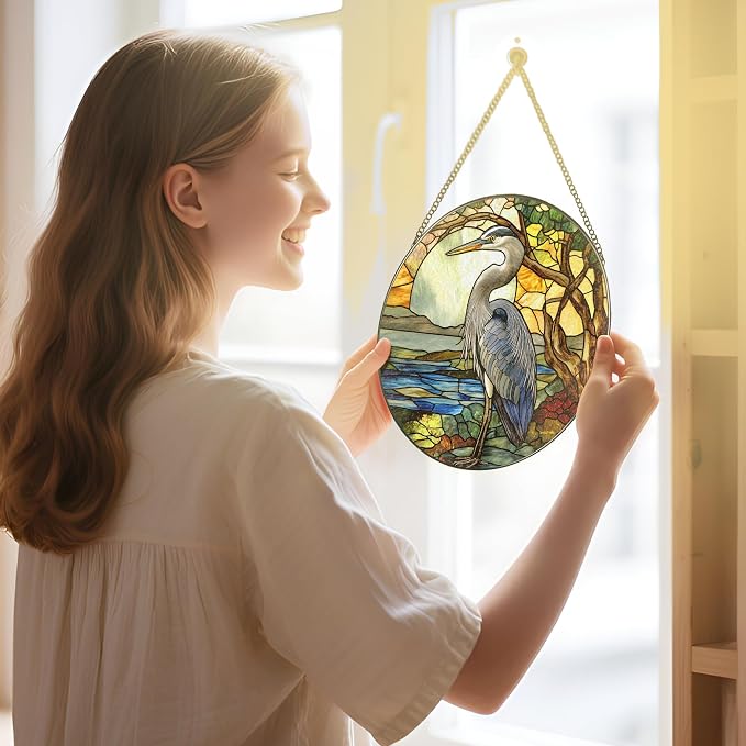 Stained Glass Window Hanging, 8 Inch Blue Heron Suncatcher Ornament, Stained Glass Suncatchers for Windows Hanging, Christmas, Mother's Day, Birthday, Bird Lover Gifts for Mom, Grandma, Women & Men