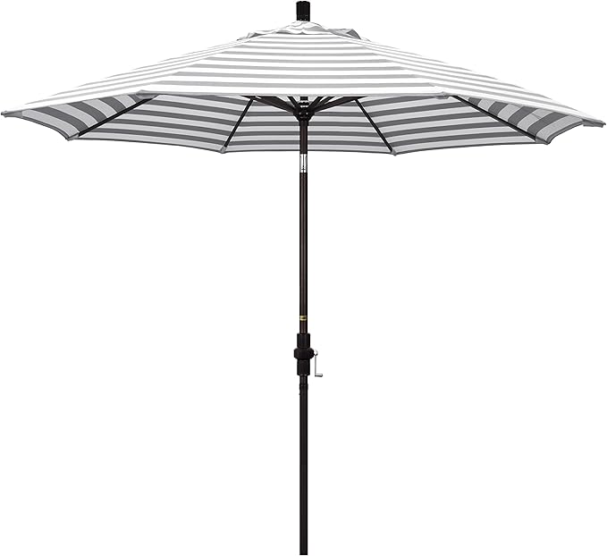 California Umbrella 9' Round Aluminum Patio Umbrella, Crank Lift, Collar Tilt, Bronze Pole, Gray/White Stripe