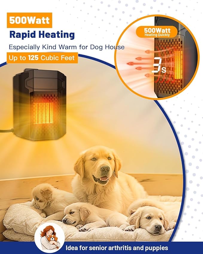 Kiroto Outdoor Dog House Heater with Thermostat APP Control - Outdoor Pet House Heater with WIFI, 500W Dog House Heaters for Outside Doghouse, Heated Dog House for Winter ith Adjustable Temp & Timer