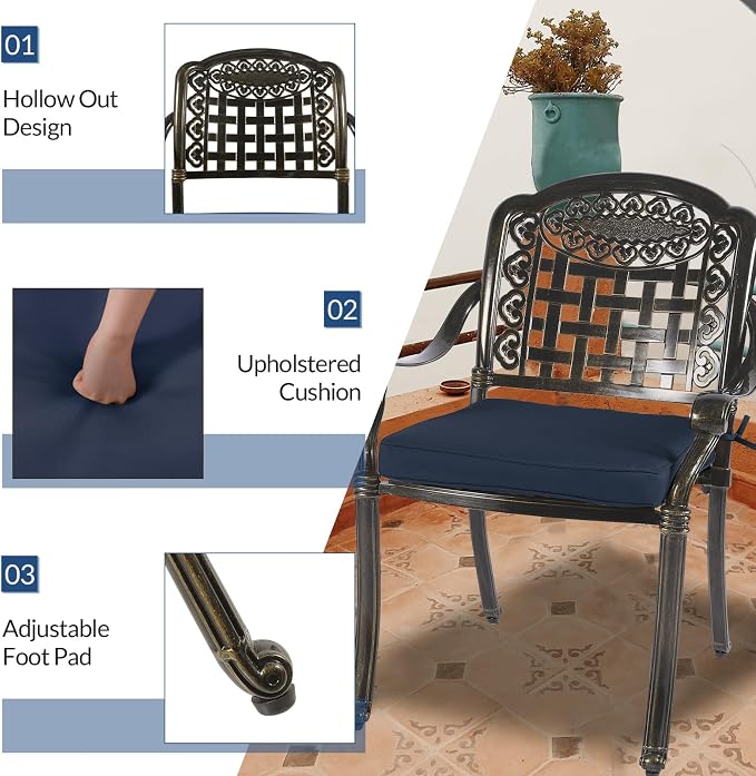 9-Piece Patio Cast Aluminum Dining Set, Outdoor Dining Furniture Set for 8 Person, Includes 8 Cushioned Chairs and 61" Large Round Dining Table W/ 31" Lazy Susan, Umbrella Hole, Navy Blue