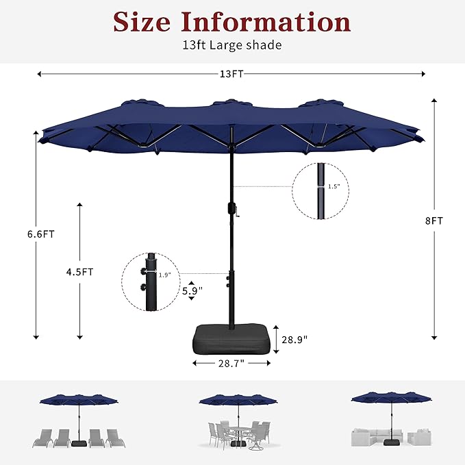 Vongrasig 13FT Large Patio Umbrellas with Base Included, Outdoor Double sided Pool Umbrellas with Crank Handle, Large Rectangle Table Umbrella for Poolside Backyard Market, Navy Blue