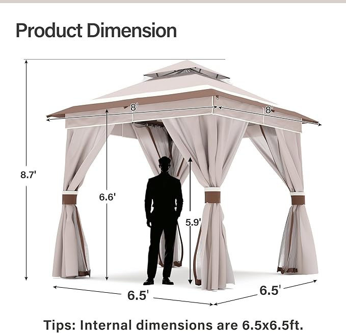 LAUSAINT HOME Patio Gazebo 8'x8', Outdoor Heavy Duty Party Tent Shelter with Double Roofs, Mosquito Nettings and Privacy Screens for Backyard, Garden, Lawn, Classic Khaki