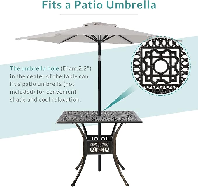 MEETWARM 35.4" Square Patio Dinning Table, Outdoor Cast Aluminum Dinning Large Table with 2.2" Umbrella Hole, Dark Bronze