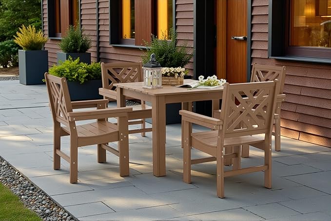 5 Piece HDPE Outdoor Dining Set for 4, Patio Dining Furniture Set with Square Table and Umbrella Hole, Outdoor Table and Chairs for Garden, Poolside, Backyard, Deck (Brown, 5 Piece Square Set)