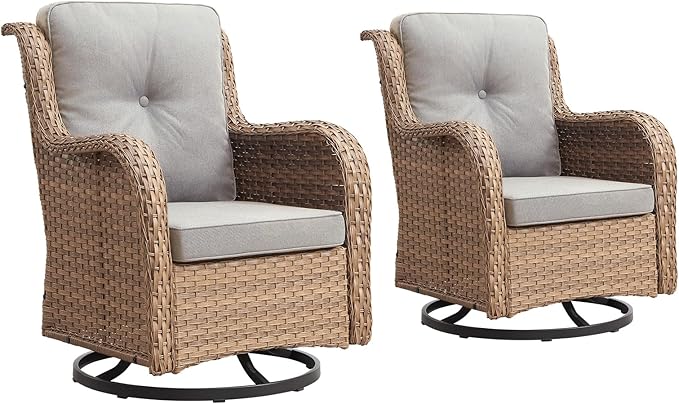 Outdoor Swivel Rocker Patio Chairs-Wicker Patio Swivel Chairs Set of 2 PE Rattan Patio Furniture for Porch Deck Balcony Garden-Yellow/Beige