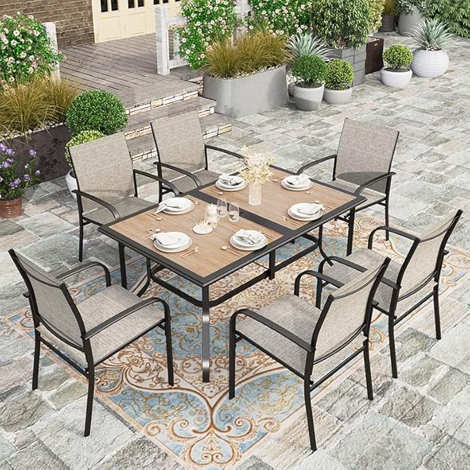 HERA'S HOUSE 7pc Patio Dining Set, Metal Table with PVC Top, Brown Chairs | 60" rectangular table with umbrella hole, 6 textilene chairs. Waterproof, rust-resistant, all-weather for yard, porch