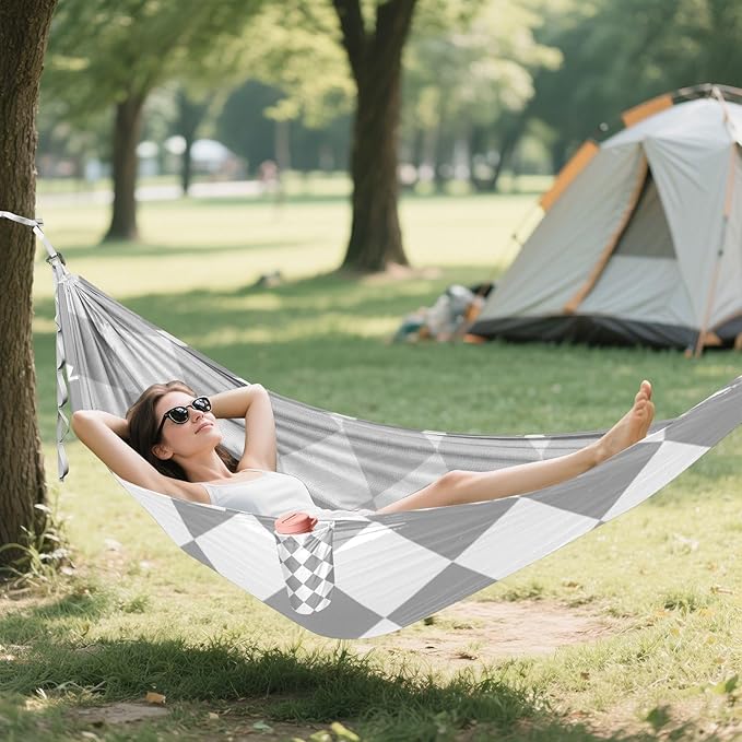 Buffalo Plaid Check Gray White 330lb Capacity Outdoor Hammock with Portabl Carry Bag Hanging Hammock for Outside Patio Garden Base para poner hamaca