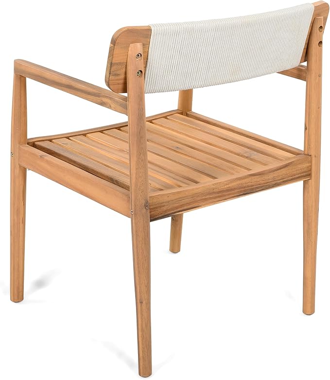 Merax 5 Pieces Patio Dining Sets for 4 People, Outdoor Acacia Wood Furniture Sets, 47.25" Large Round Table & Slatted Dining Chairs for Garden Patio Deck, Teak Look & White Rope
