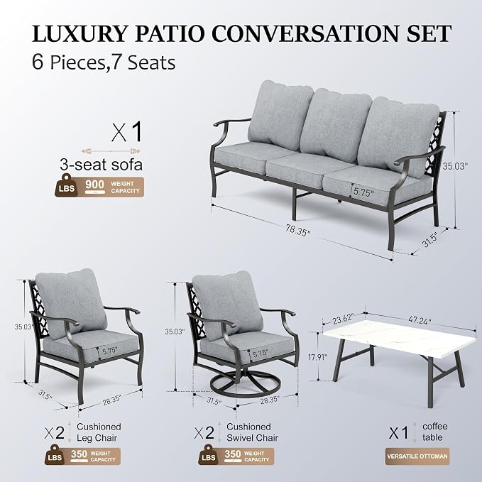 HERA'S HOUSE 6 Piece Patio Furniture Set, 2 x Swivel Chair, 2 x Fixed Chair, 1 x 3-Seat Sofa with Marbling Coffee Table, All Cushioned Outdoor Conversation Set for Lawn Garden Backyard, Grey