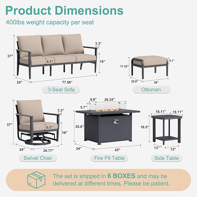 9-Seat Outdoor Patio Furniture Set with Rocking Swivel Chairs, Aluminum Sectional Sofa with Ottomans Patio Conversation Set with 55,000 BTU Fire Pit Table & High Backrest, Sand