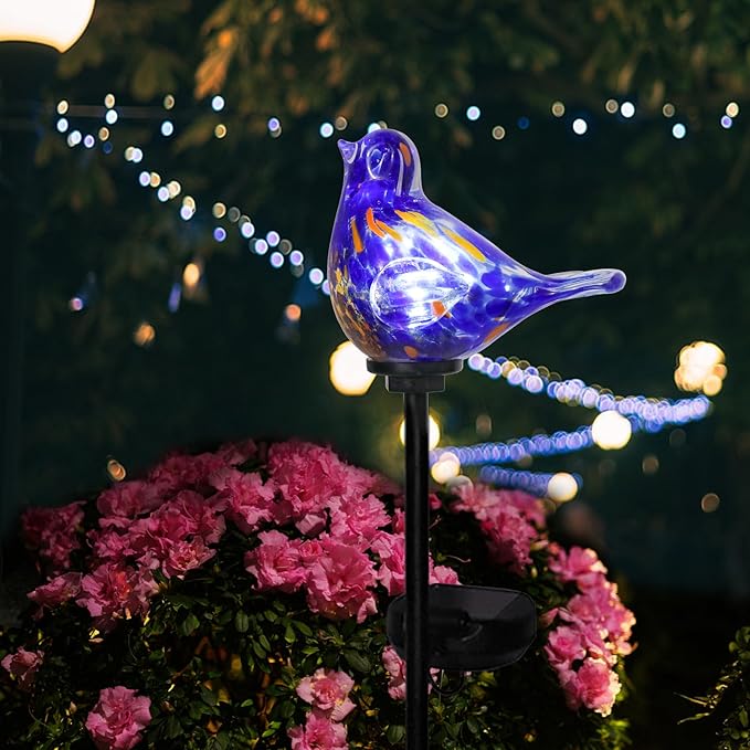 Afirst Decorative Solar Lights Outdoor Solar Bluebird Stake Lights Hand Blown Glass Decorative Garden Pathway Lights Outdoor Waterproof Glass Stakes Dark Blue
