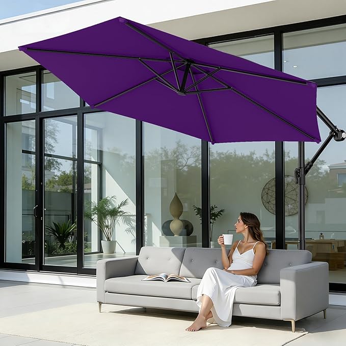 AreShark 10FT Patio Outdoor Umbrella, Offset Patio Umbrella Cantilever Umbrella, 6 Sturdy Ribs, Easy Adjustment for Garden Market Pool with Cross Base (Dark Purple)