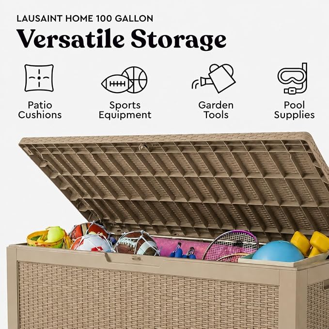 LAUSAINT HOME 100 Gallon Outdoor Deck Box, Waterproof Resin Storage Box with Lock, Patio Cushion Storage, Garden Tool Organizer, Pool Storage Container, Outdoor Storage Bench,Light Brown