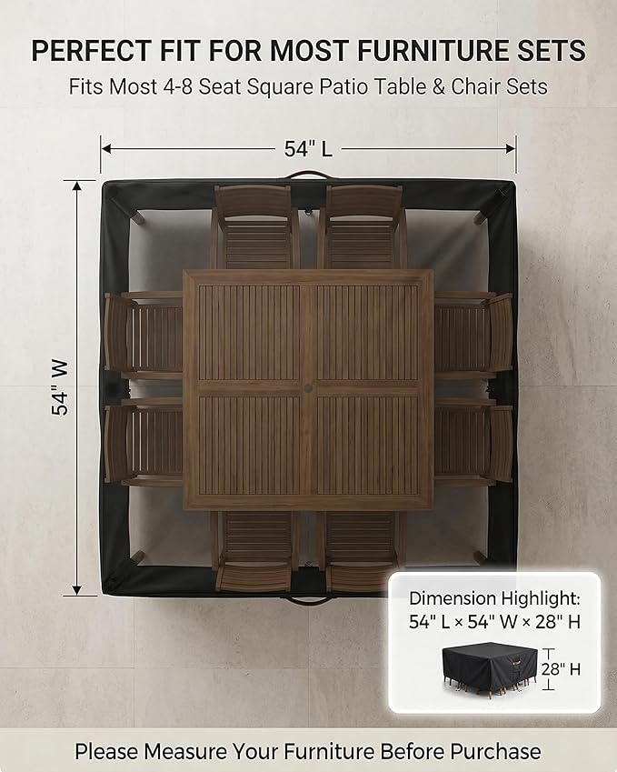 Outdoor Patio Furniture Cover Square, Heavy Duty 600D Waterproof Cover for Table & Chair Set or Sofa Set Covers, Windproof,UV Resistant, All-Season for Backyard,Deck,Garden,54" L x 54" W x 28" H,Black