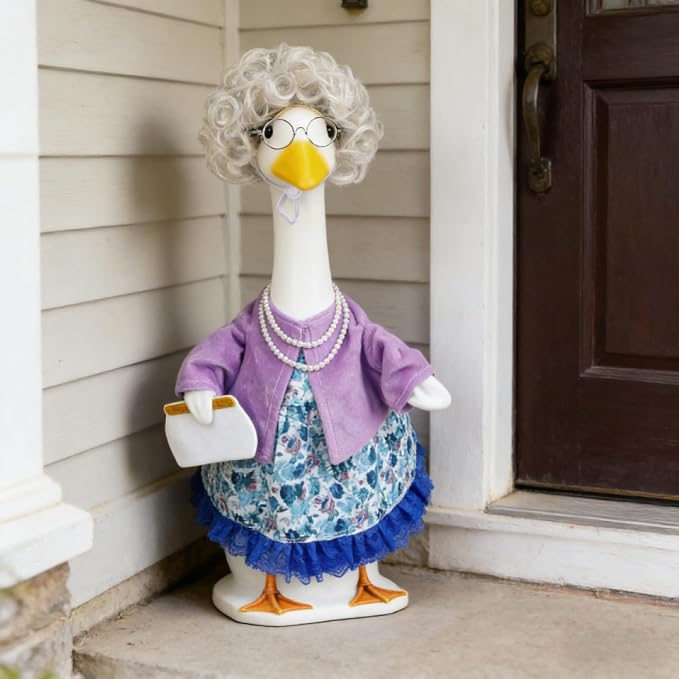 Old Lady Porch Goose Outfits Grandma Goose Clothes Glasses Curly Wig Floral Print Dress Cardign and Pearl Necklace,23'' Geese Statue Outdoor Patio Yard Lawn Decoration (Purple B)