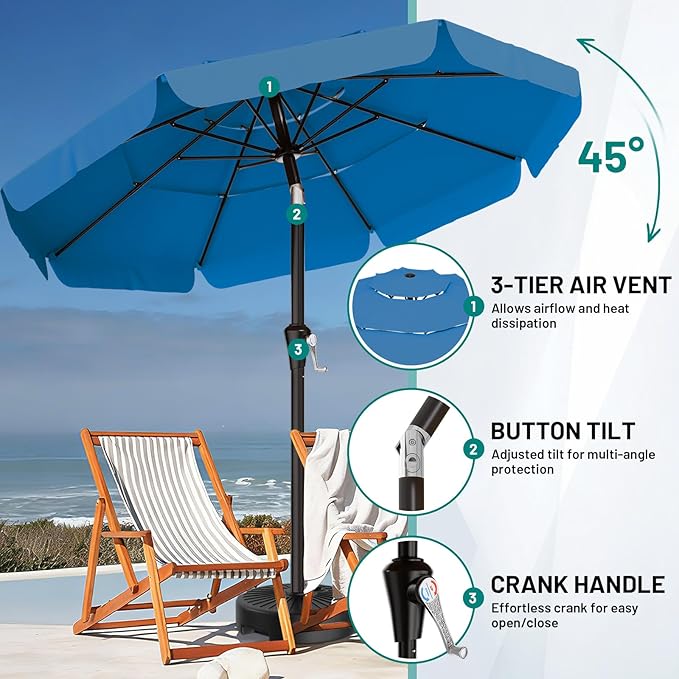 AreShark 9FT 3-Tiers Patio Umbrella with Valance, Outdoor Umbrellas with Crank/Tilt, Table Market Umbrella Vented w/ 8 Sturdy Ribs for Garden, Deck, Backyard, and Pool, Royal Blue