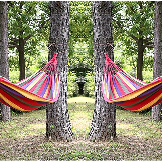 ibasenice Outdoor Camping Hammock Canvas Striped Portable Hanging Chair 190x85cm Rainbow Color for Patio Garden Swing and Indoor Use