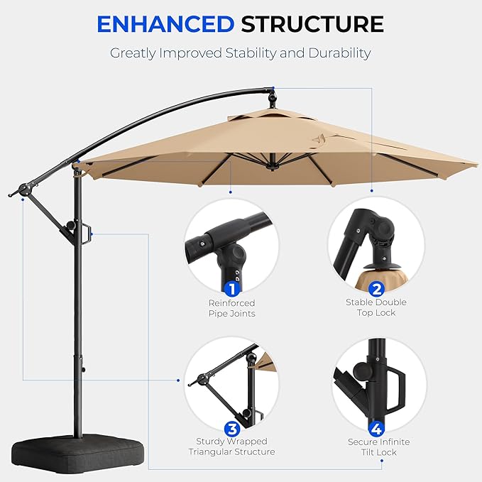 HOMSHADE 10ft Patio Umbrella with Base Included, 8-Year-Non-Fading Cantilever Umbrella with Solution-Dyed Acrylic Fabric, UPF50+ UV Protection with Easy Tilt and Crank for Pool Deck and Garden(Buff)