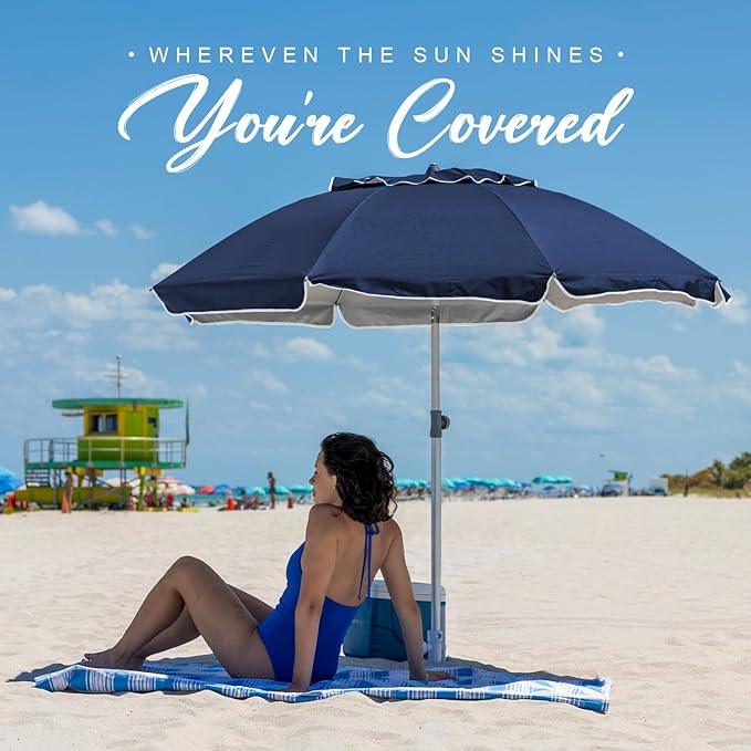 AMMSUN 7ft Beach Umbrella with Sand Anchor Sand Screw, Tilt, Windproof, Sun Protection,UPF 50+ Silver Coating Inside and Telescoping Pole for Outdoor Patio (Solid Navy)