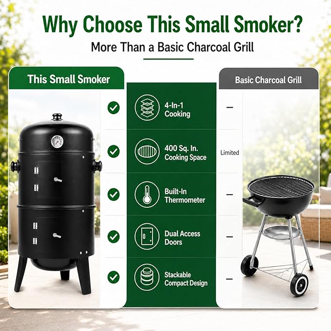 16 Inch Charcoal Smoker for Meat, Vertical Smoker Grill, Small Smoker for Backyard, Patio and Camping | 4-in-1 BBQ Smoker with Built-In Thermometer, Adjustable Air Vent, 2 Cooking Racks