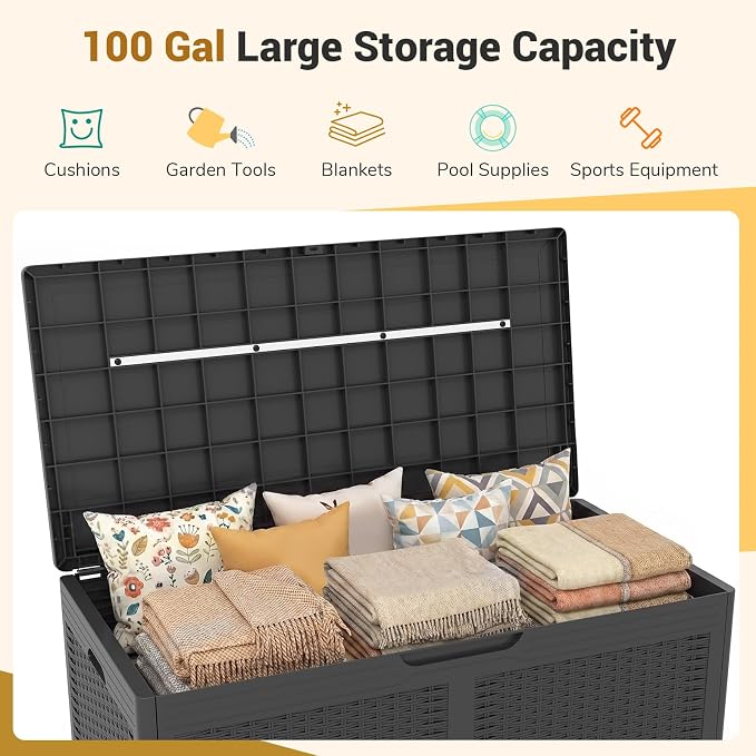 Tangkula 100 Gallon Outdoor Storage Box, Lockable Outdoor Storage Bench with 2 Smooth Wheels, Faux Rattan Surface, Waterproof Resin Deck Box for Outside Poolside Patio Garden (Grey)
