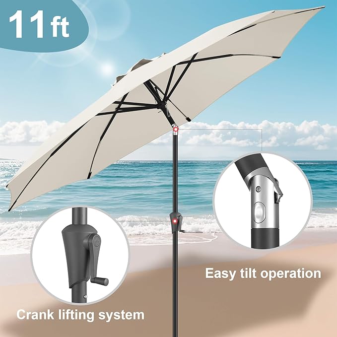 FLAME&SHADE 11 ft Patio Umbrella - Table Umbrella Outdoor with Push Button Tilt and Crank, UV Protection, 8 Sturdy Ribs, Market Umbrella for Garden, Deck, Backyard, Lawn, Pool and Beach(Ivory)