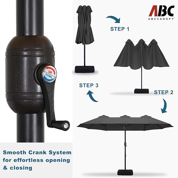 ABCCANOPY 15FT Patio Umbrella with Base, Outdoor Double-Sided Rectangle Umbrella Bonus Latch, Wights for Poolside, Lawn, Backyard (Dark Gray)