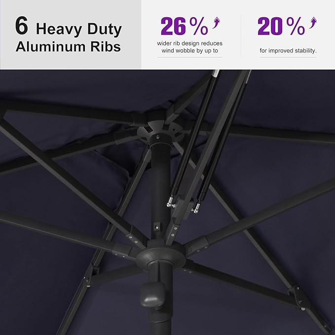 PURPLE LEAF 10' x 6.5' Rectangular Semi-Auto Outdoor Patio Umbrella Aluminium Market Umbrella Table Sun Umbrella with 1.89" Rod and 6 Sturdy Ribs for Deck Lawn Pool Garden, Navy Blue