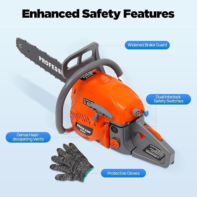 Gas Chainsaw, 58CC 2-Stroke Gas Powered Chain Saw 20Inch Handed Gasoline Chainsaw with Chain & Guide Bar, Petrol Chain Saw Gas Sawing Garden Tool for Outdoor Garden Farm Home, 10000Rpm