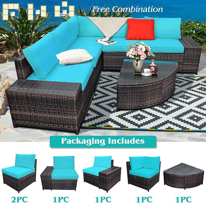 Tangkula 6 Piece Wicker Patio Furniture Set, Outdoor All Weather PE Rattan Conversation Set w/Tempered Glass Coffee Table, Sectional Sofa Set w/Comfortable Cushions for Backyard, Garden (Turquoise)