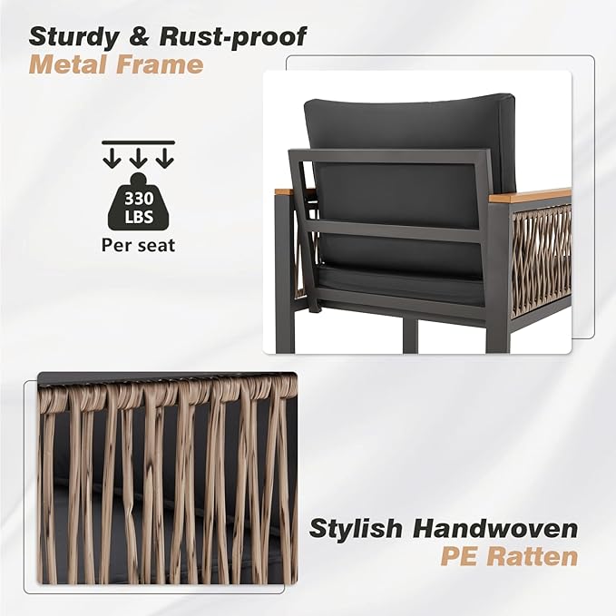 EROMMY 4 Pieces Outdoor Patio Furniture Set with Solid Wood Handrails, Plastic-Wood Balcony Furniture with Wicker Arm Panel, All-Weather Metal Patio Conversation Sets with Coffee Table and Cushion
