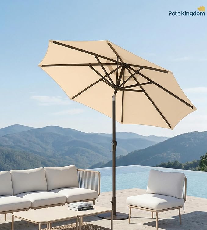 PatioKingdom Auto-Tilt 9FT Patio Umbrella Outdoor with 8 Sturdy Fiberglass Ribs,Market Table Umbrella for Pool,Backyard,Deck and Garden