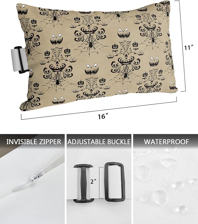Outdoor Pillows Covers with Inserts Halloween Araneid Vintage Background Waterproof Recliner Pillow with Adjustable Strap Throw Pillows for Patio Furniture Pool Lounge Chair, 11x16 inch, 1PCS