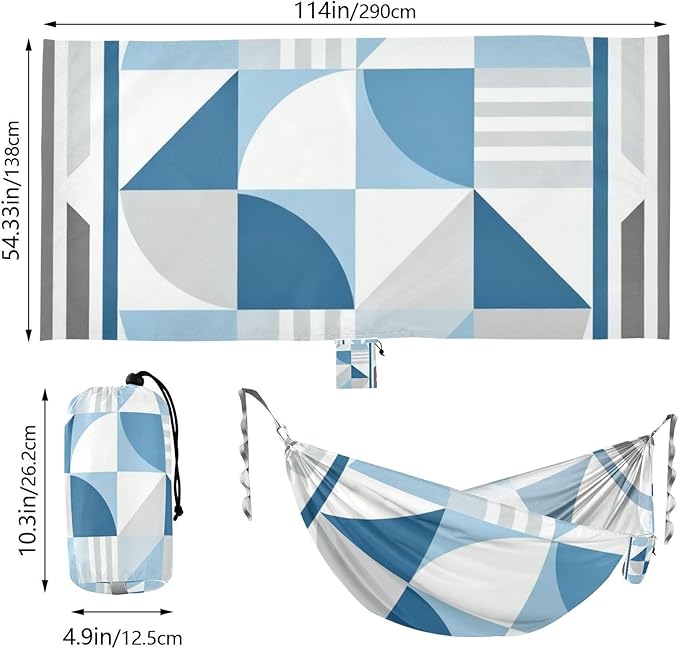 Geometric Blue Pattern Hammocks with Hanging Rope Tree Hammock for Outside Patio Backyard Poolside