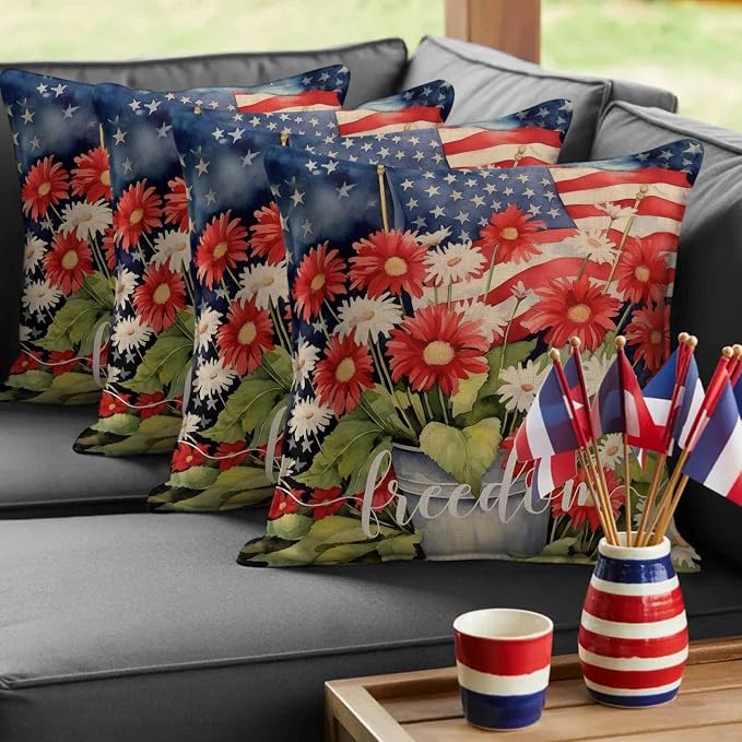 Independence Day Patriotic Flag Outdoor Pillow Covers 16x16in Pack of 2 Waterproof Pillowcase Blossom Flower Green Leaves Decorative Throw Cushion Case for Patio Couch Sofa