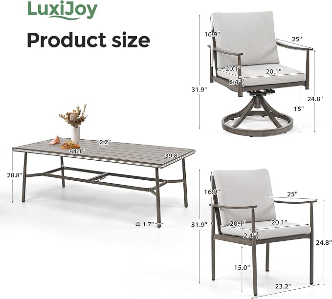 9-Piece Outdoor Dining Set for 8, Aluminum Dining Set with Cushions, 6 Dining Chairs and 2 Swivel Chairs with Rope Backrest, Large Rectangular Table with Umbrella Hole for Lawn Porch Yard,Grey